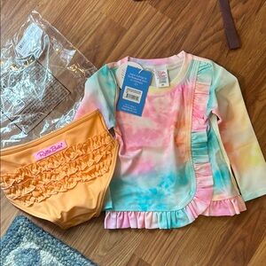 Ruffle Butts Kids Swim Set - Multicolor Tie-Dye and Orange 2T